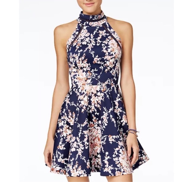 B. Darlin 7/8 Mock-Neck Crochet-Trim Fit & Flare Dress Navy Blue Pink Flowers - Picture 1 of 12